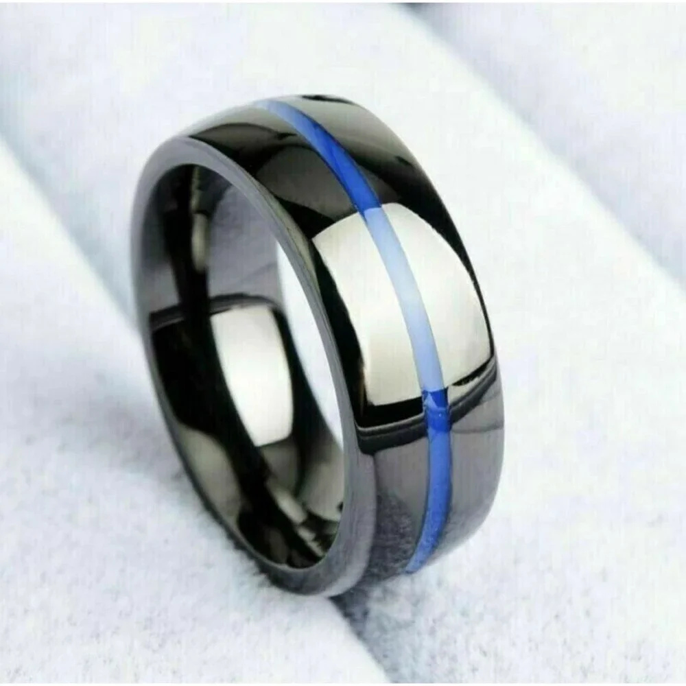 Men's THIN BLUE THIN Wedding Band Ring POLICE Stainless Steel Polished Black 10